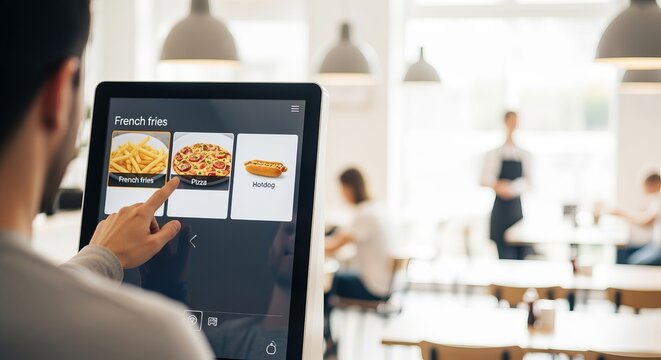 Person Ordering Food at Interactive Kiosk for Fast Services in Modern Catering Experience