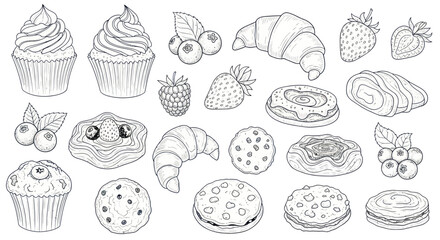 Hand-Drawn Bakery Assortment: Croissants, Muffins, Cookies, Berries, and Pastries © mus