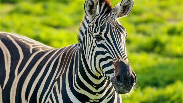 Zebra standing in a green grassy field. Wild animal looking at the lens in a savanna environment. Wildlife observation of a striped mammal in nature habitat.