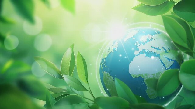 Globe surrounded by fresh green leaves. Ecological concept of planet earth preservation. Symbol of environmental protection and sustainability for global nature.