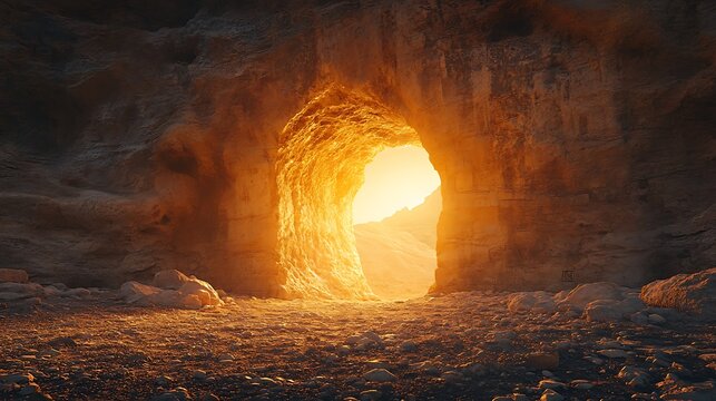 Majestic golden light illuminating cave entrance, creating pathway illusion