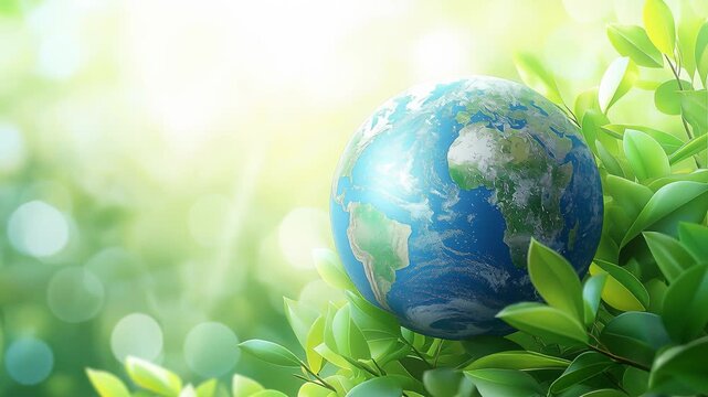 Earth globe resting on green leaves against a sunny bokeh background. World ecology concept representing nature protection and environmental awareness for Earth Day.
