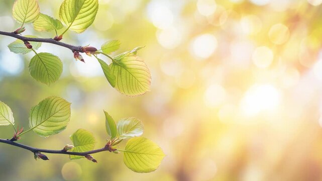 Fresh green tree leaves back lit by warm sunset light. Branch with foliage in spring forest. Nature seasonal background with glowing sun flare bokeh effect.