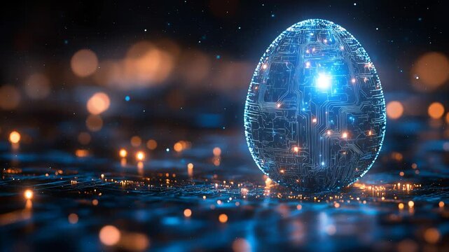 Glowing digital egg with circuit board patterns on a dark surface. Futuristic technology concept with connectivity and innovation in a virtual cyber environment.