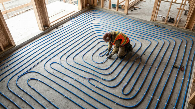 Worker installing radiant floor heating pex piping system