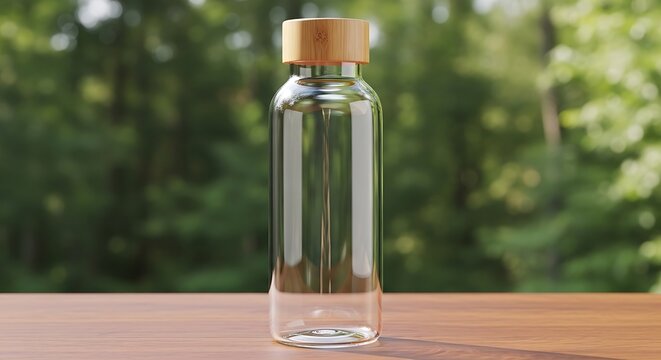 Clear glass bottle with bamboo lid on a wooden surface with blurred green trees in background