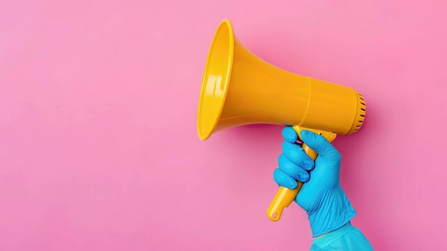 Hand in blue rubber glove holding yellow megaphone on pink background. Person announcing message in sequence. Communication tool for broadcasting and advertisement.