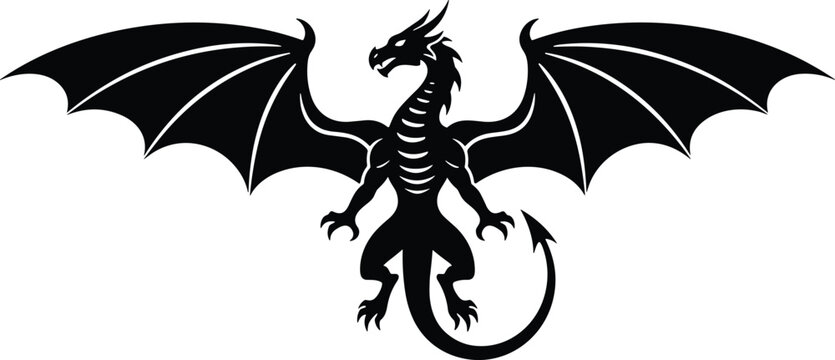 Powerful black dragon silhouette with spread wings and spiked tail isolated on white background for mystical fantasy designs mythical creature vector illustration art