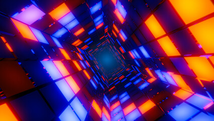 Fototapeta premium Abstract tunnel featuring orange and blue glowing led screens creating a futuristic, grid like passage
