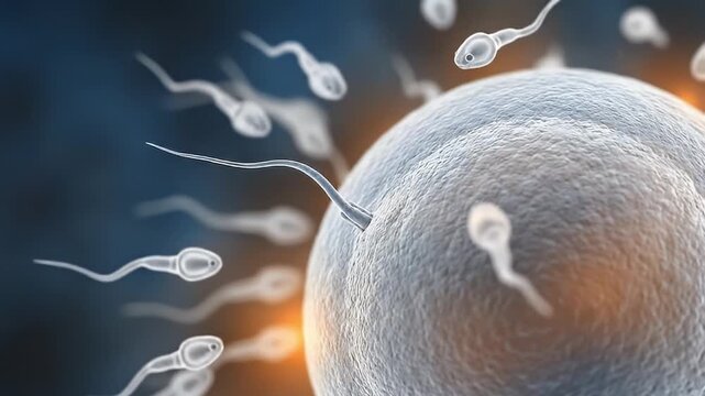 Fertilization process showing sperm swimming toward egg cell in microscopic view, detailed biology of cell motion during human reproduction and biological conception moment