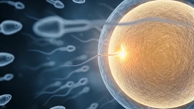 Fertilization sperm egg reproduction biology conception cell fertilize ovum microscopic science anatomy sperm cell approaching egg cell detailed microscopic view reproductive biology conception