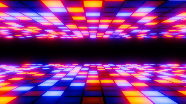 Led screen showing glowing blue and orange tiles creating a tunnel effect