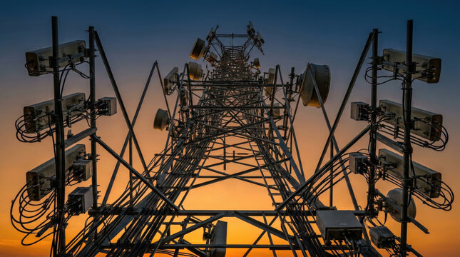 Communication tower transmitting network signals at sunset