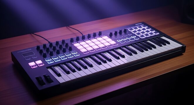 Glowing MIDI keyboard controller in a creative studio setup, ready for modern music production and sound engineering