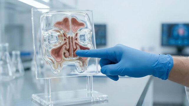 Medical model nasal cavity sinus anatomy blue glove healthcare education transparent stand respiratory system clinical setting medical study demonstration professional training laboratory respiratory