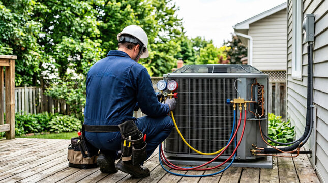 Hvac technician servicing outdoor residential air conditioning unit