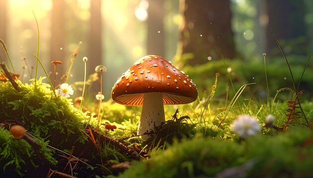 Close-up of a vibrant red-capped mushroom with white spots amid lush green moss and wildflowers in a sunlit forest