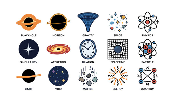 Illustrations of space concepts including black hole, gravity, quantum, and energy symbols