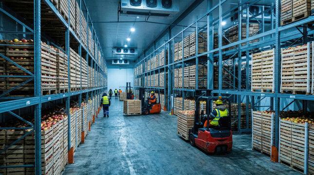Workers storing apples in large cold storage warehouse