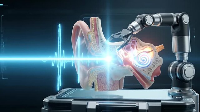 3D illustration robotic arm performing ear surgery with sound wave visualization detailed anatomy cochlea auditory canal advanced medical technology precision hearing treatment futuristic healthcare