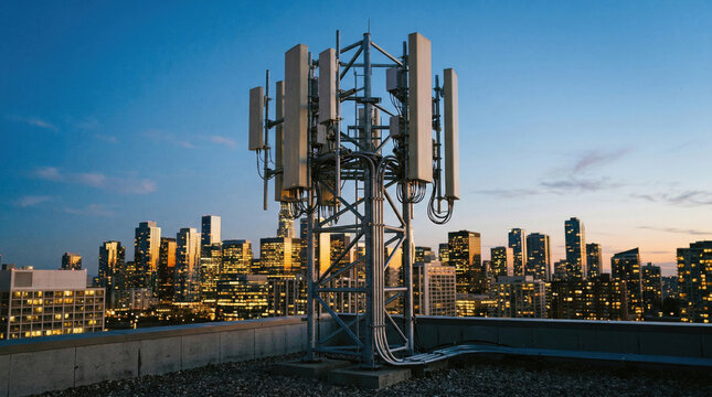 5g cellular communication tower providing network connectivity in urban city