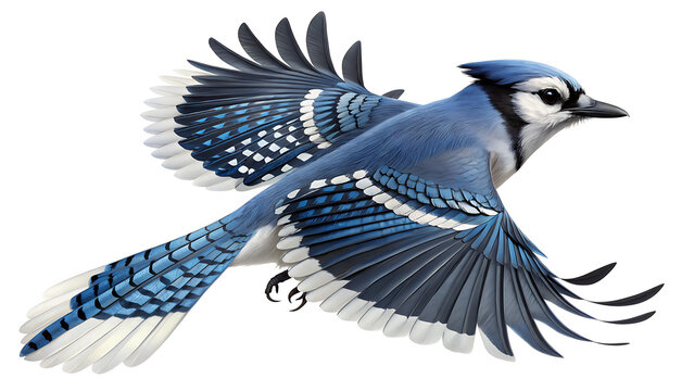 A vibrant blue jay captured in full flight with wings spread wide showing intricate feather detail illustration
