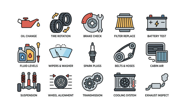 Car maintenance icons: oil change, tire rotation, brake check, filter replace, battery test