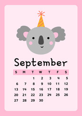 Obraz premium Calendar page for September 2026, week starts on Sunday. Cute design with a koala in pastel colors. Perfect for kids nursery, home or office decor. Schedule for planning, organization.