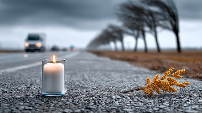  Emotional scene featuring a candle on the road shoulder, representing memory and mourning after a crash.