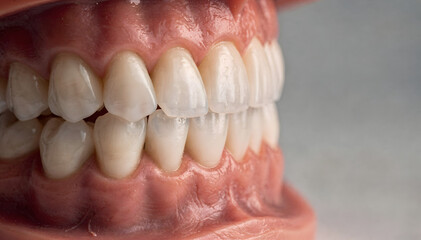 Obraz premium Close-up of a human jaw model showcasing healthy, clean white teeth and pink gums, useful for dental education, oral hygiene, and medical presentations