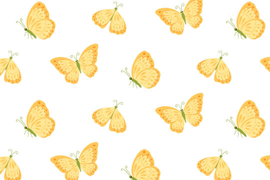 Seamless butterfly pattern with soft orange insects. Light nature repeat background for textile, wrapping and surface design