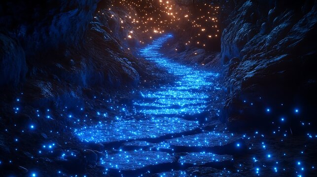Enigmatic bioluminescent pathway through a mystical cave in vibrant colors