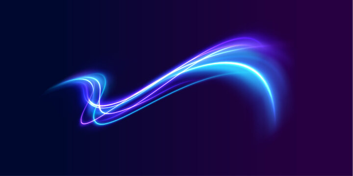 Electric blue waves twist into complex loops. Small glowing particles highlight the curves. The image feels alive and energetic.