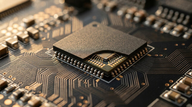 Computer chip on motherboard inside microelectronics system