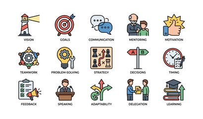 Icons representing vision, goals, communication, mentoring, and motivation in business settings