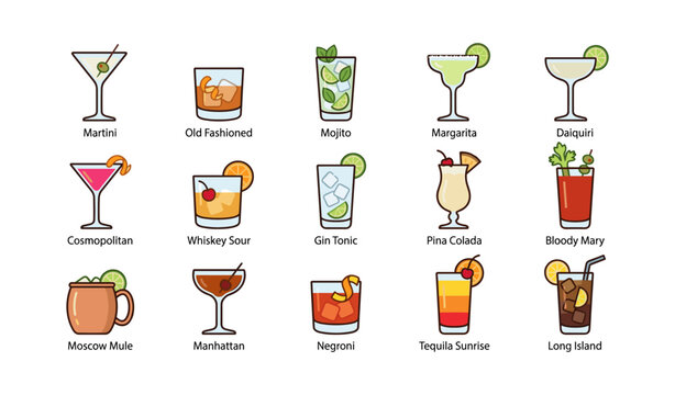 Assorted cocktail collection: martini, mojito, margarita, pina colada, bloody mary