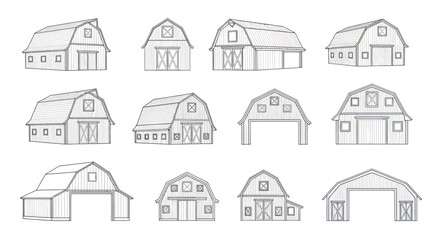 Fototapeta premium Collection of Barn Illustrations: Various Styles of Farm Buildings