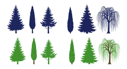 Fototapeta premium Collection of Evergreen Trees and Weeping Willow Silhouettes - Blue and Green