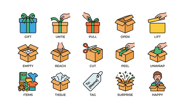 Icons of gift box actions: unwrap, open, surprise elements