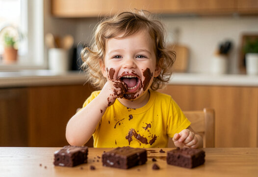 Happy toddler eating chocolate brownies with messy face at home kitchen, cute child enjoying dessert snack with playful expression, family lifestyle childhood moment
