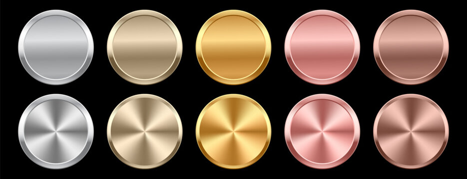 Collection of blank, circular metallic gradient badges or buttons with variations of silver, champagne, bright gold, rose gold, and bronze, copper