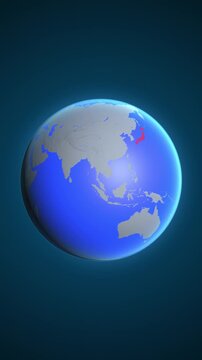 The animation shows a graphic representation of the earth and highlights the location and map of Japan colored red in vertical format.