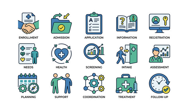 Healthcare process icons featuring enrollment, admission, screening, treatment, and follow-up