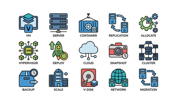 Colorful data center icons: vm, cloud, network, and backup elements