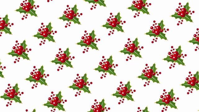 Christmas Holly Berries and Leaves Seamless Pattern Animation.