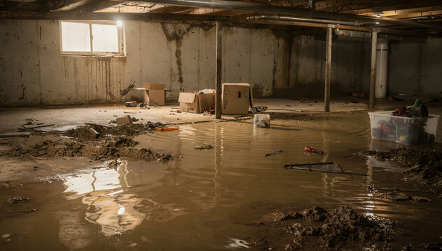 Submerged Basement After Heavy Flooding, Mud and Debris Cover the Floor, Illustrating Property Damage and Home Disaster from Water Leakage