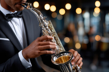 Obraz premium Musician plays saxophone in elegant venue during nighttime jazz performance