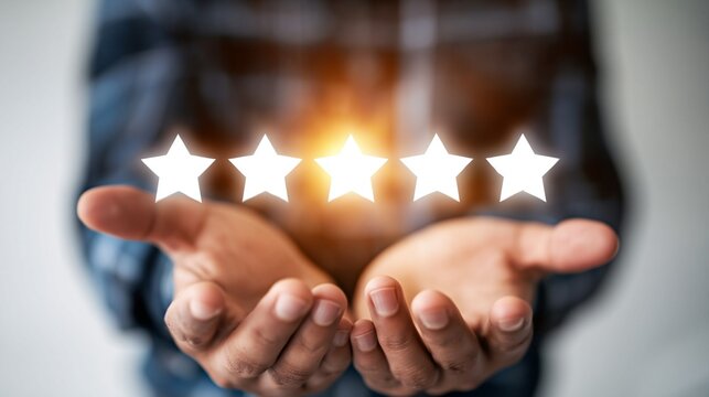 floating 5 star rating icon glowing center minimal white background blurred person behind no face customer satisfaction concept