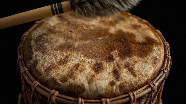 Close up of traditional shamanic drum with fur mallet on black background.