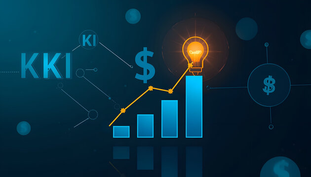 Bar graph illustrates escalating key performance indicators toward a bright glowing lightbulb symbolizing successful business strategy and innovation.